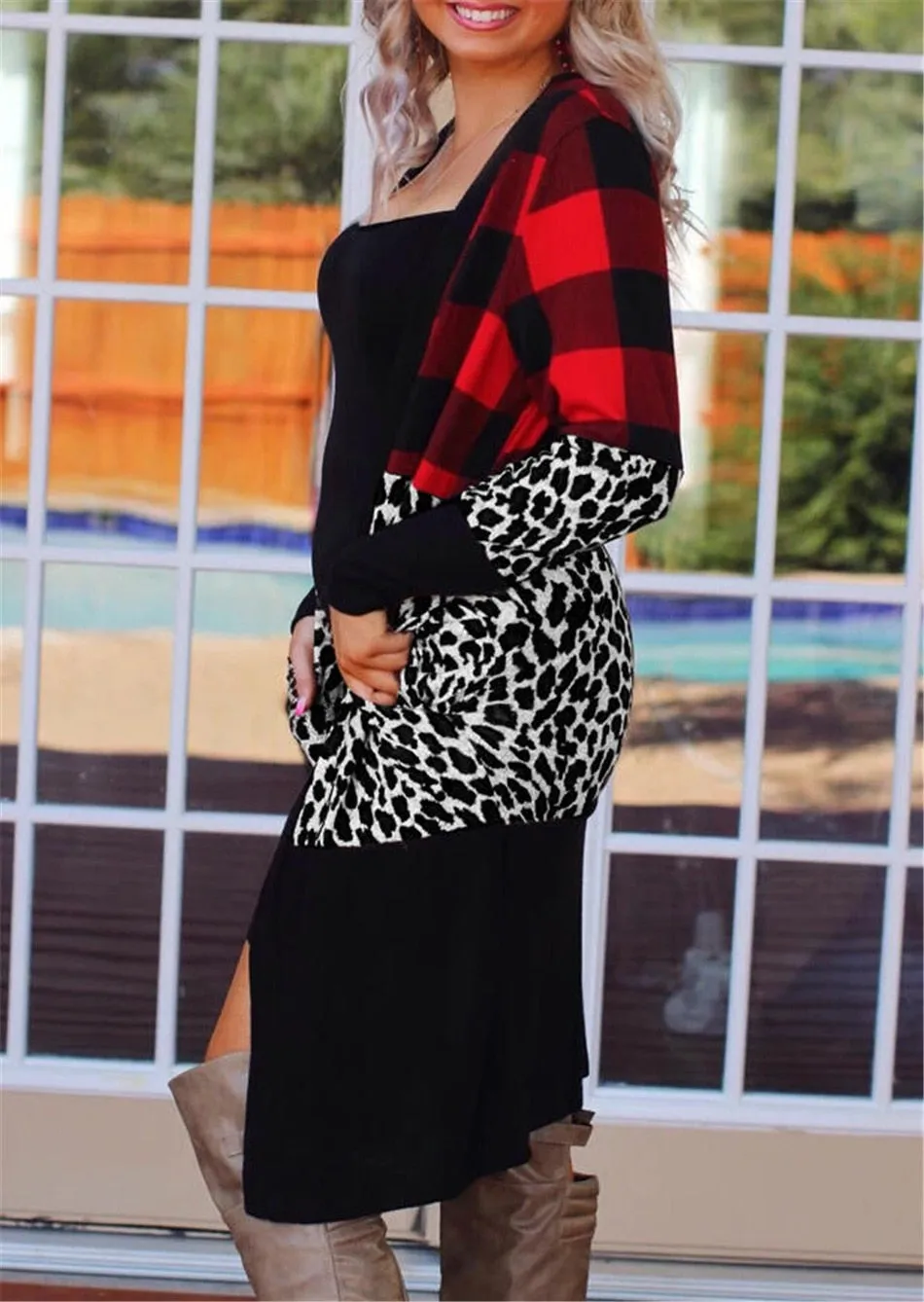 3XL Patchwork Red Plaid & Leopard Print Long Cardigan Sweater Plus Size Women