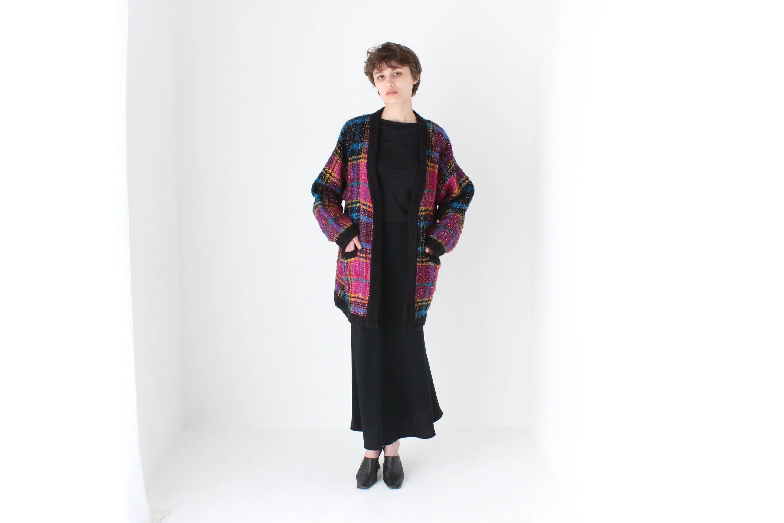 80s Tartan Pattern Oversized Cardigan