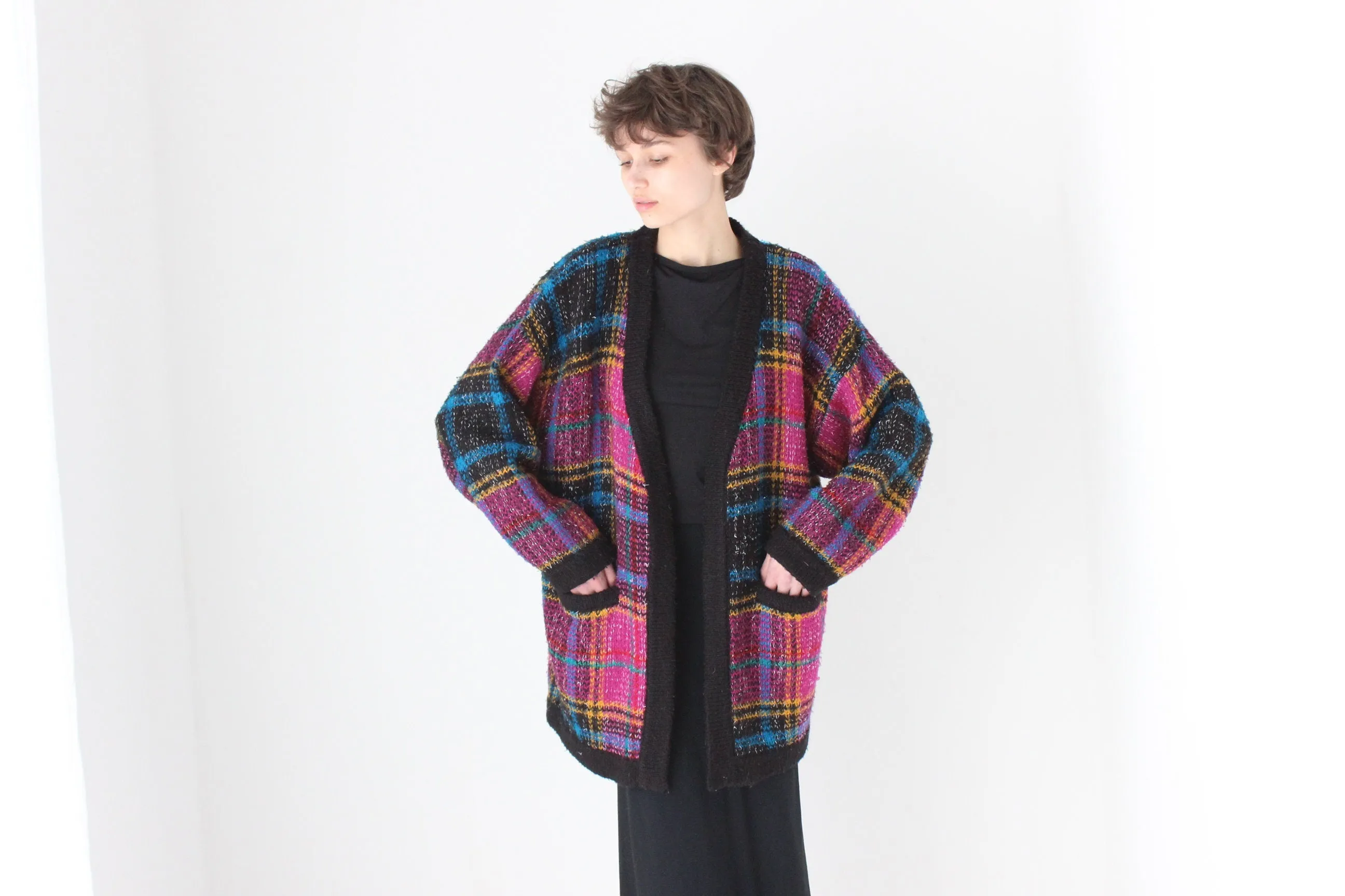 80s Tartan Pattern Oversized Cardigan