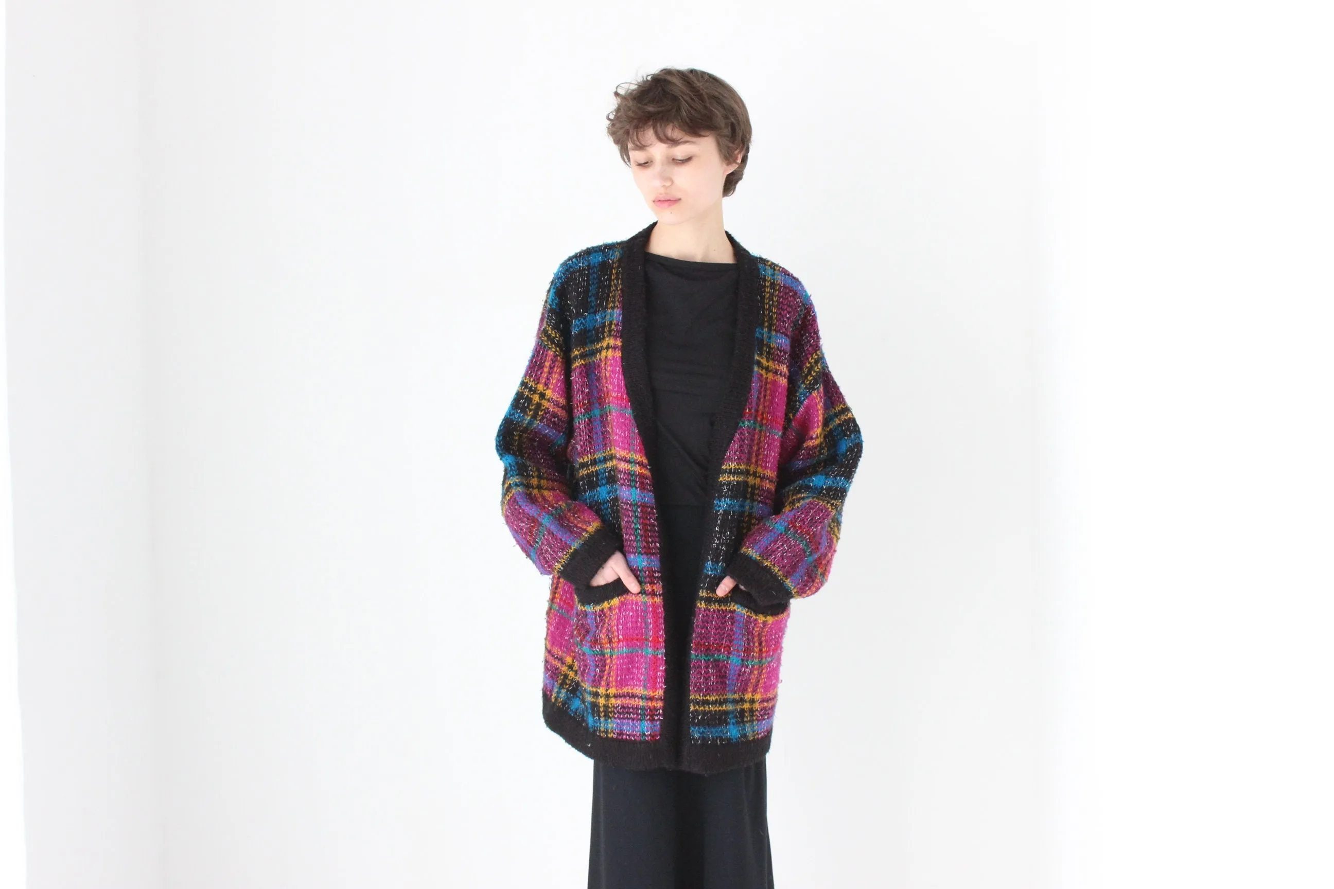 80s Tartan Pattern Oversized Cardigan
