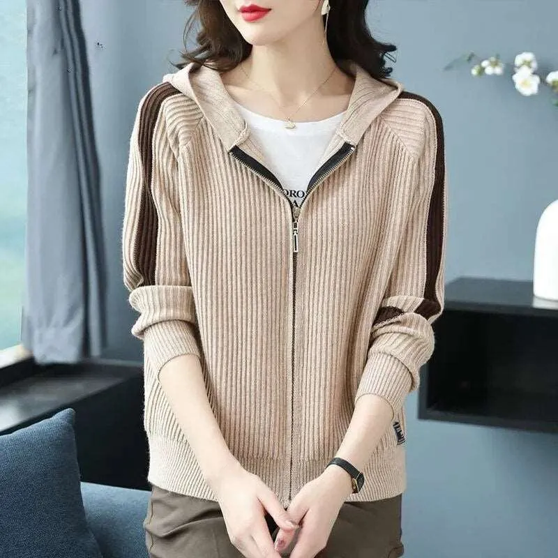 Autumn Winter New Fashion Women's Loose Korean Long Sleeve Hooded Knitted Cardigan Jacket Thick Zipper Sweater Hoodie Coat