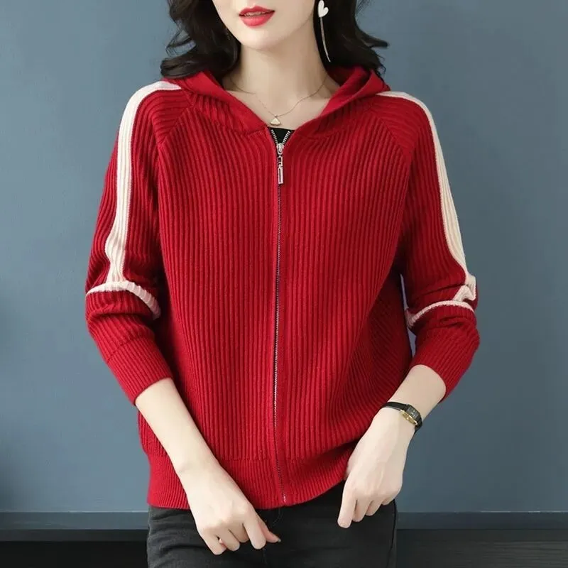 Autumn Winter New Fashion Women's Loose Korean Long Sleeve Hooded Knitted Cardigan Jacket Thick Zipper Sweater Hoodie Coat
