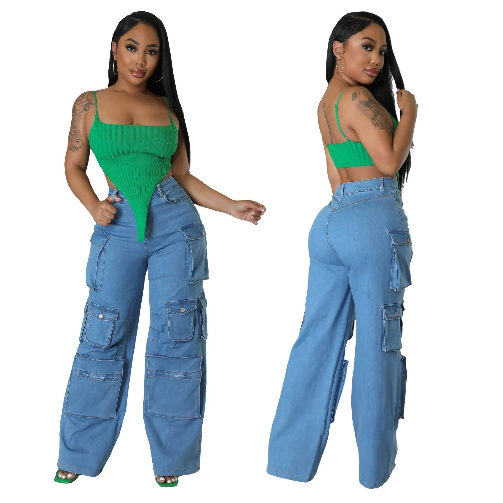 Bellows Pocket Denim Loose Pants - Retro Cargo Style: Denim Loose Cargo Pants