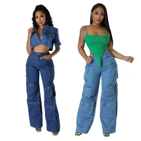 Bellows Pocket Denim Loose Pants - Retro Cargo Style: Denim Loose Cargo Pants
