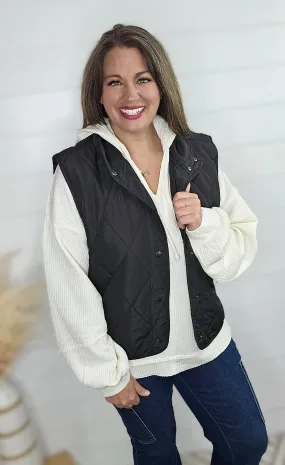 BLACK THIN QUILTED SNAP BUTTON OVERSIZED VEST