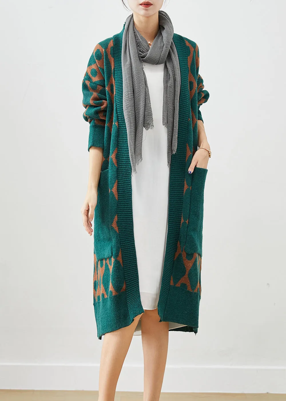 Boho Green Oversized Patchwork Pockets Knit Cardigan Fall ML2533