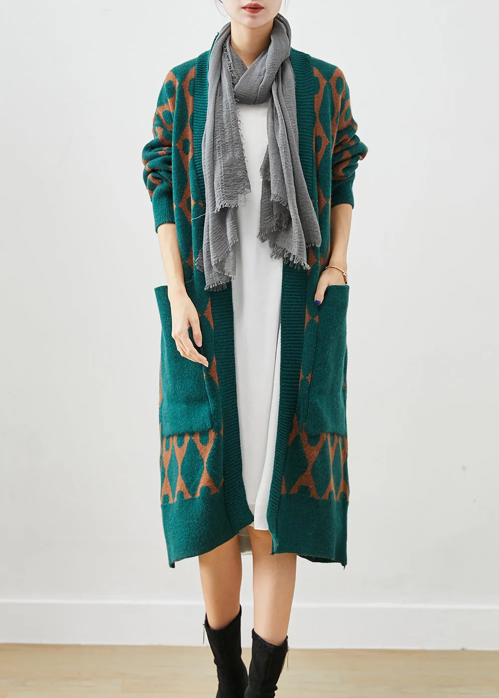 Boho Green Oversized Patchwork Pockets Knit Cardigan Fall ML2533