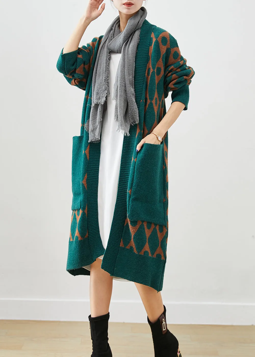 Boho Green Oversized Patchwork Pockets Knit Cardigan Fall ML2533