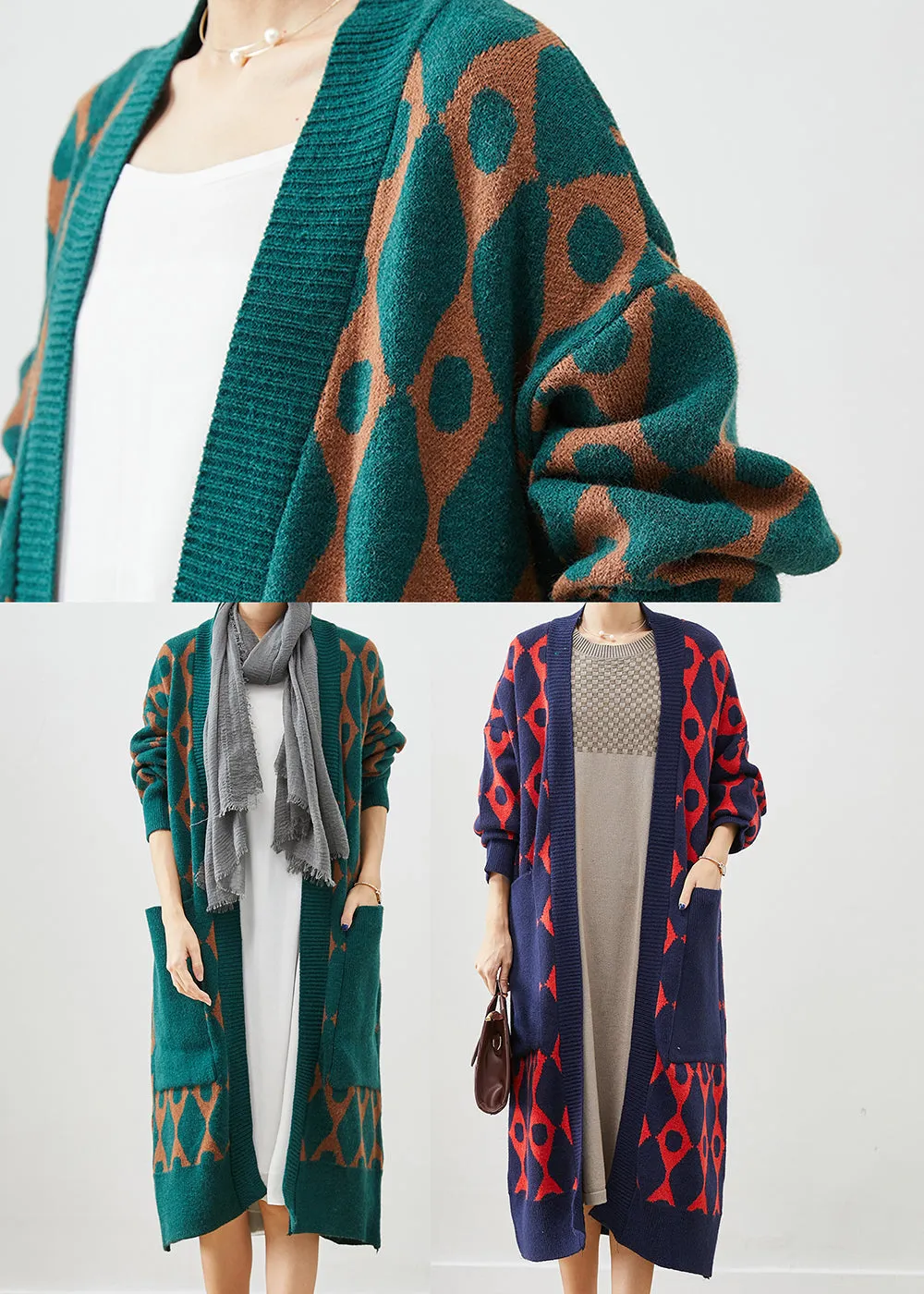 Boho Green Oversized Patchwork Pockets Knit Cardigan Fall ML2533