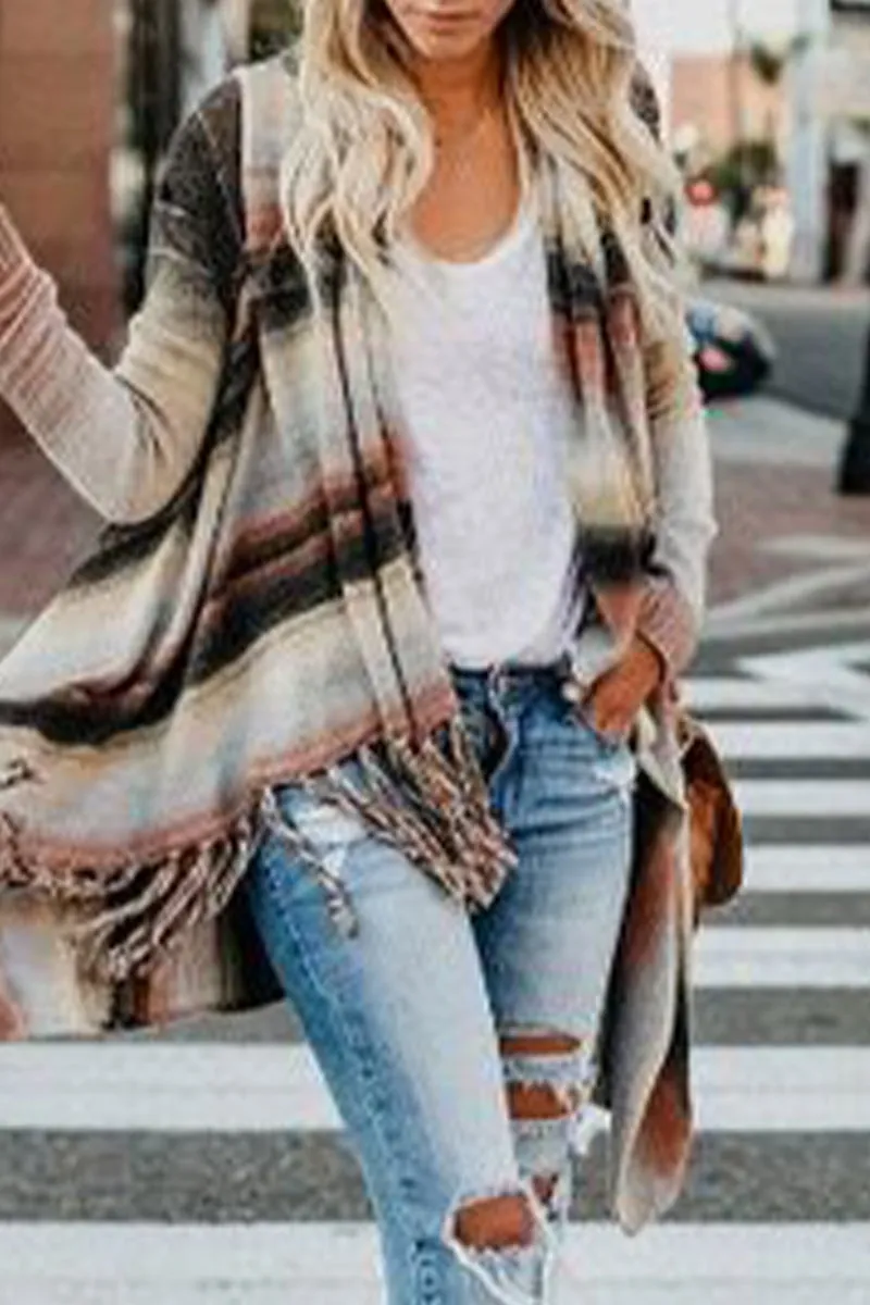 Casual Striped Tassel Buttons Cardigan Collar