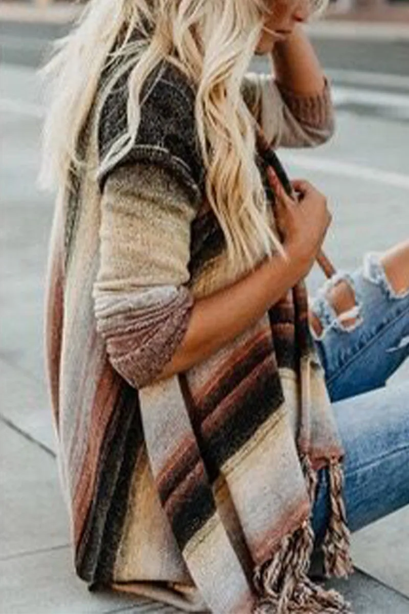 Casual Striped Tassel Buttons Cardigan Collar