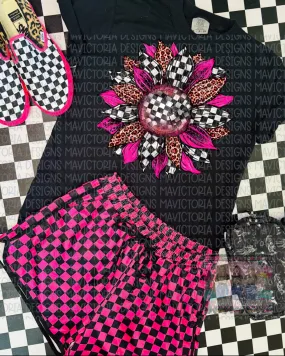 CHECKERED AND LEOPARD SUNFLOWER on black comfort colors graphic tee
