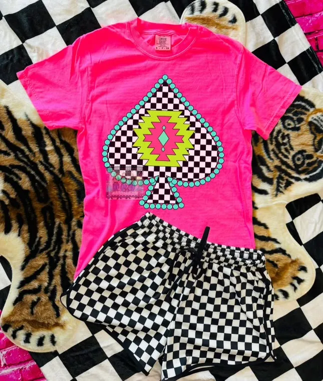 Checkered spade Aztec neon pink comfort colors graphic tee // checkered shorts available separately