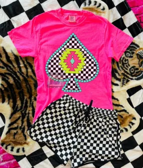 Checkered spade Aztec neon pink comfort colors graphic tee // checkered shorts available separately
