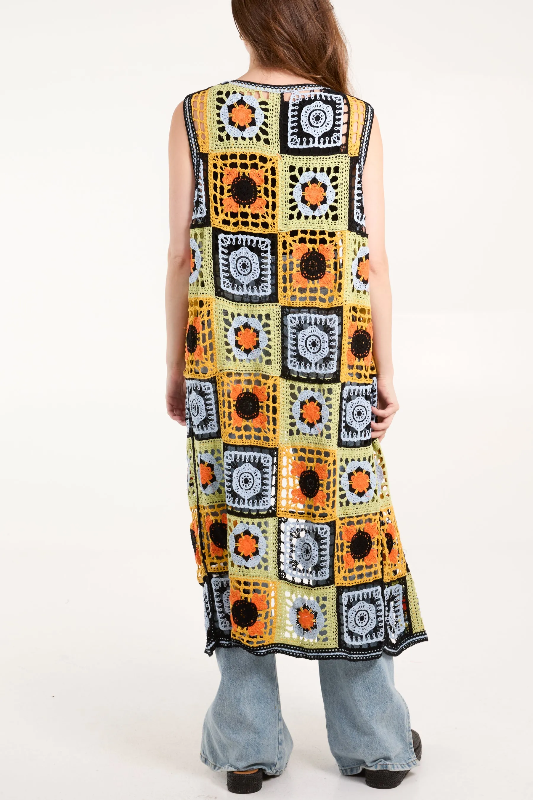 Colourful Crochet Sleeveless Longline Cardigan