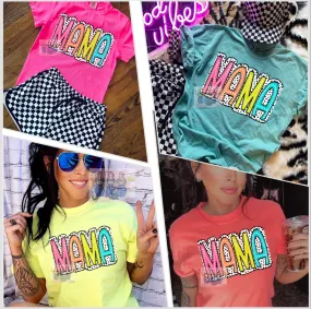 Comfort colors neon dalmation dot  Mama Graphic tee / checkered athletic pocket shorts SOLD SEPARATELY