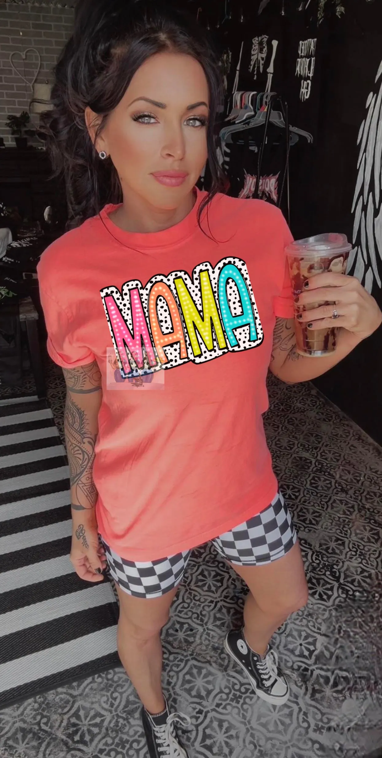Comfort colors neon dalmation dot  Mama Graphic tee / checkered athletic pocket shorts SOLD SEPARATELY