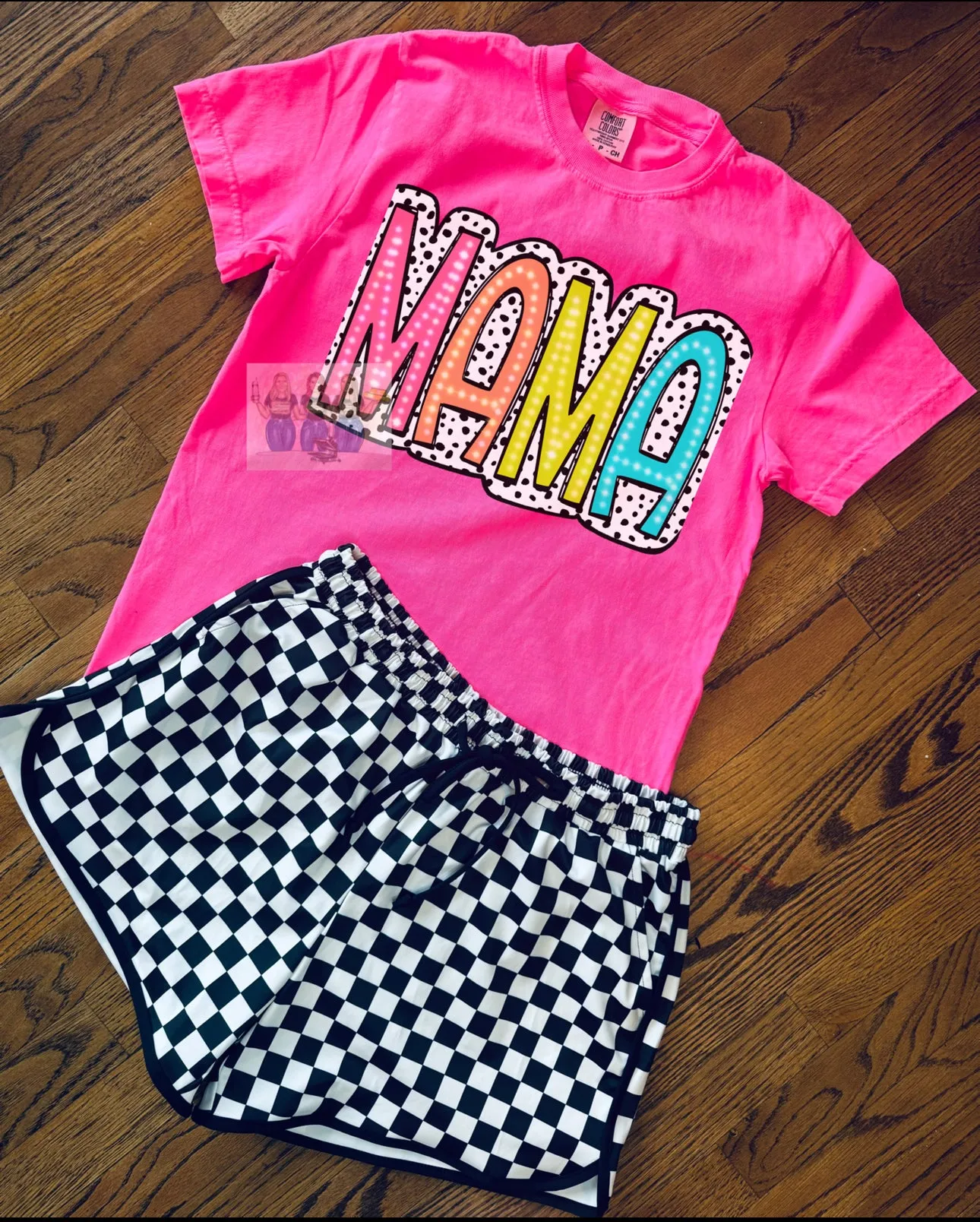 Comfort colors neon dalmation dot  Mama Graphic tee / checkered athletic pocket shorts SOLD SEPARATELY