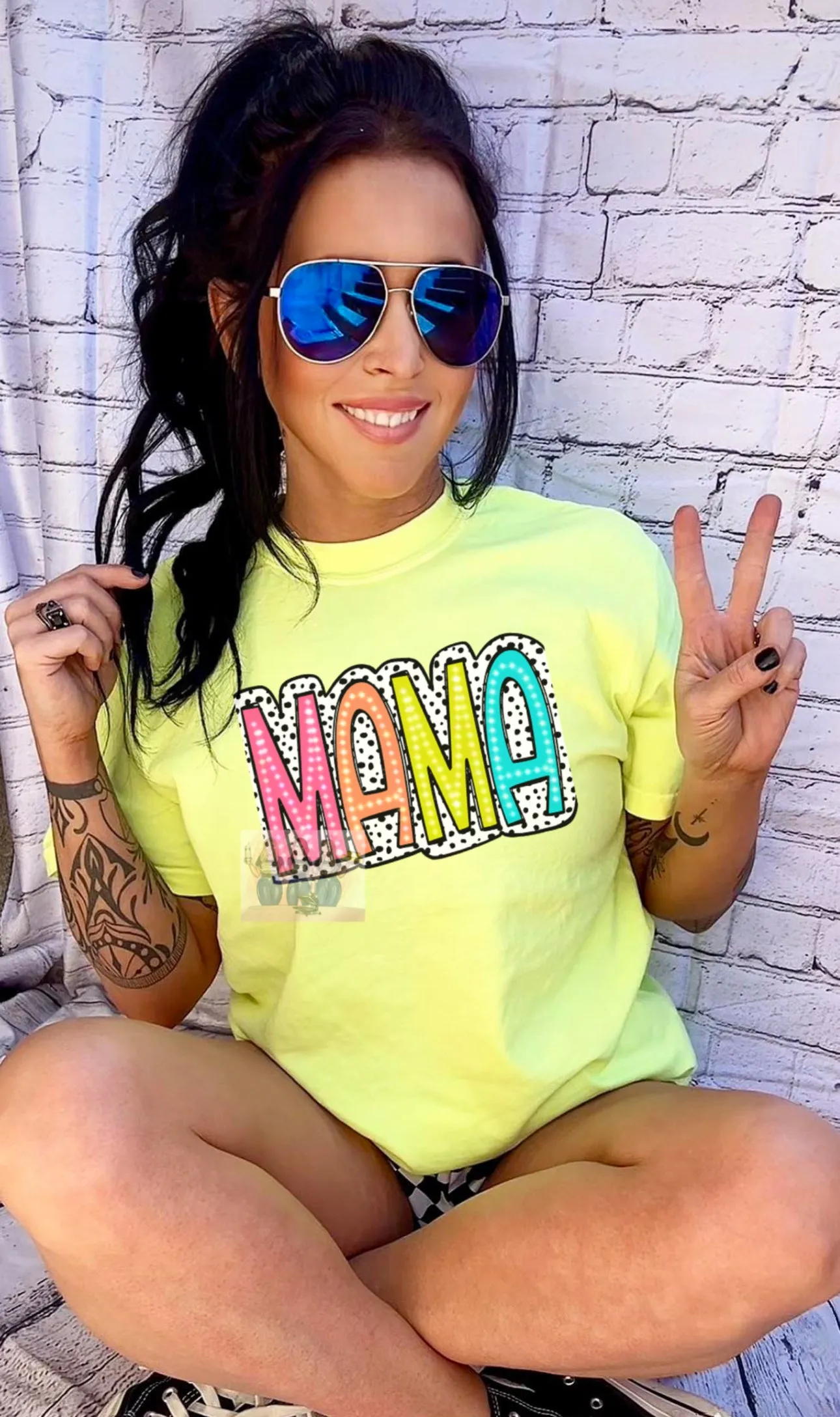 Comfort colors neon dalmation dot  Mama Graphic tee / checkered athletic pocket shorts SOLD SEPARATELY