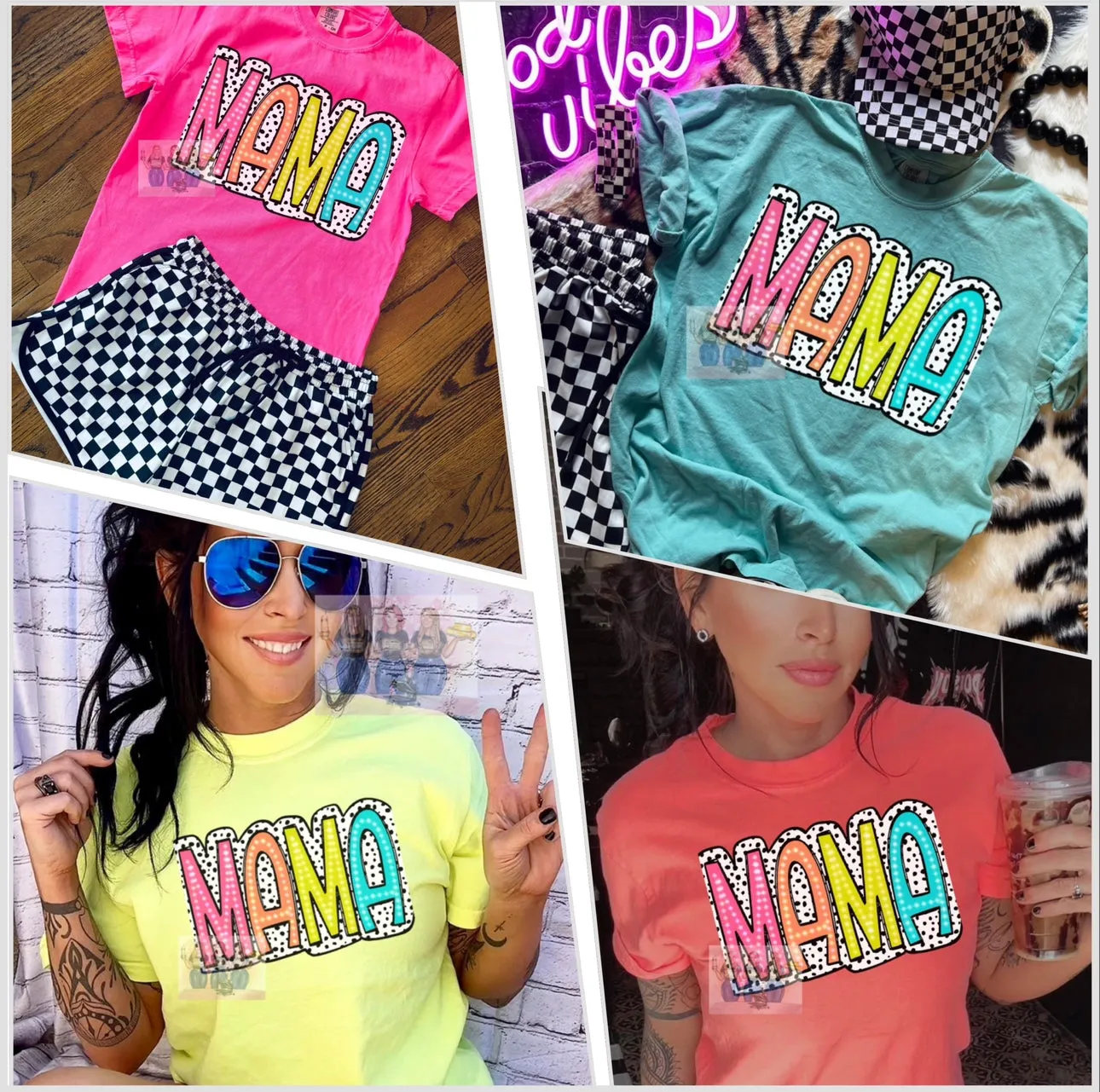 Comfort colors neon dalmation dot  Mama Graphic tee / checkered athletic pocket shorts SOLD SEPARATELY
