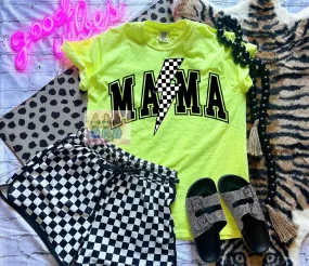 Comfort colors neon lemon checkered lightning bolt Mama Graphic tee / checkered athletic pocket shorts SOLD SEPARATELY