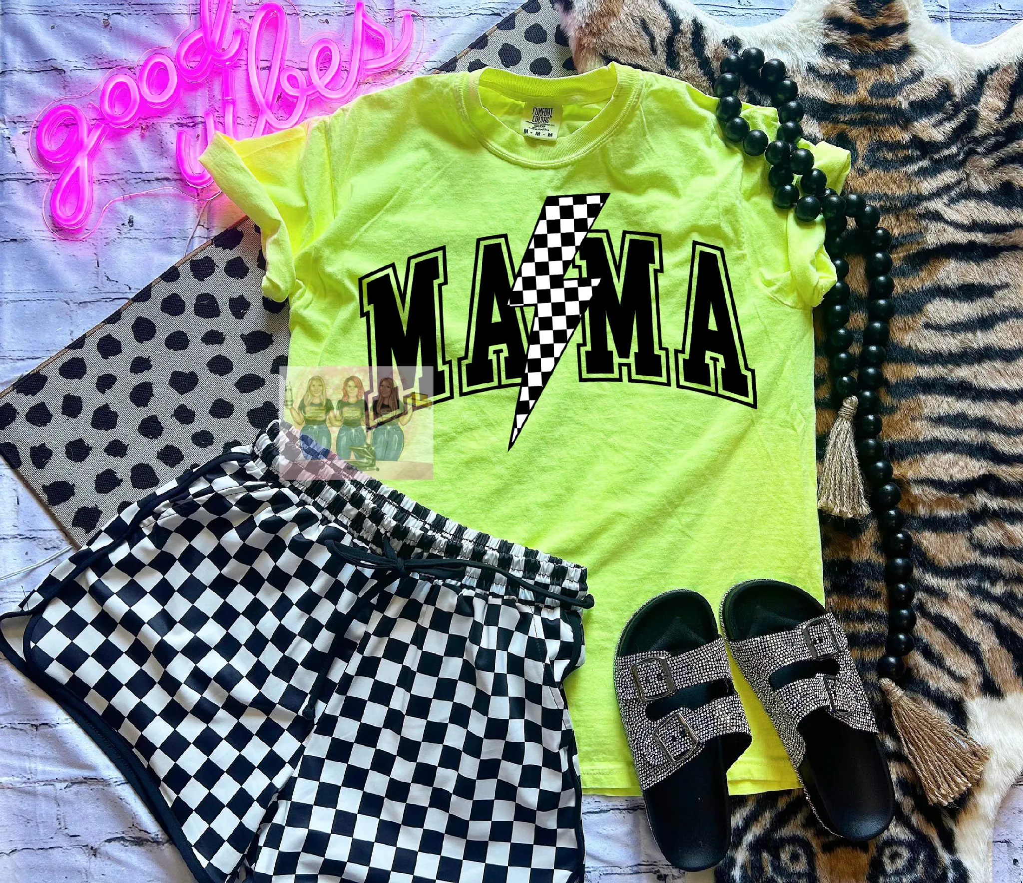 Comfort colors neon lemon checkered lightning bolt Mama Graphic tee / checkered athletic pocket shorts SOLD SEPARATELY