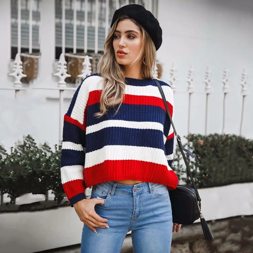 Crew Neck Stripe Loose Long Batwing Sleeves Women Chunky Sweater