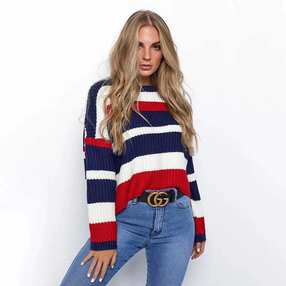 Crew Neck Stripe Loose Long Batwing Sleeves Women Chunky Sweater