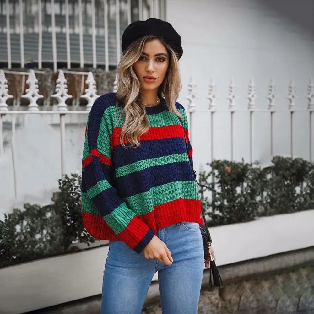 Crew Neck Stripe Loose Long Batwing Sleeves Women Chunky Sweater