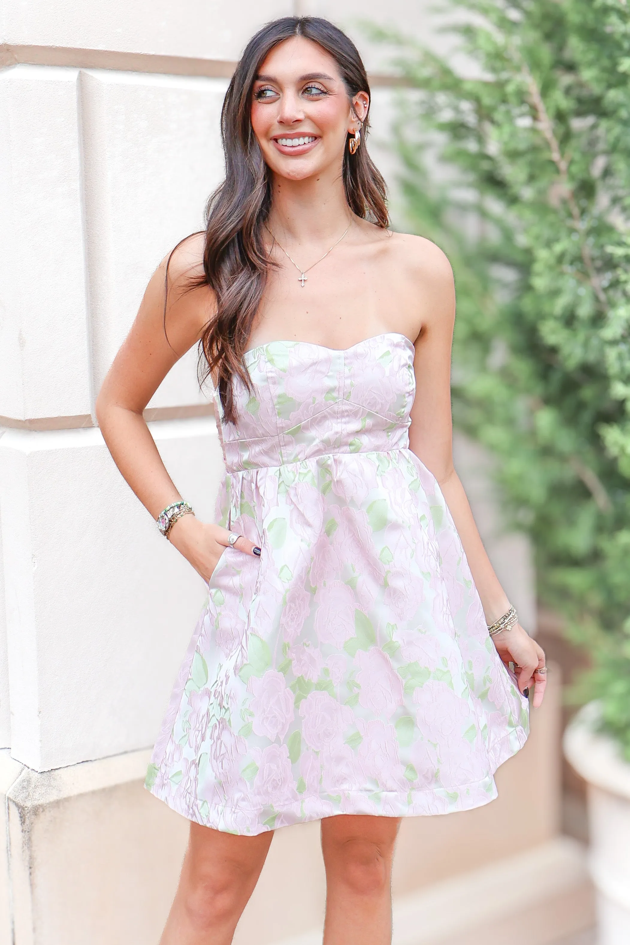 Demure Darling Strapless Floral Mini Dress