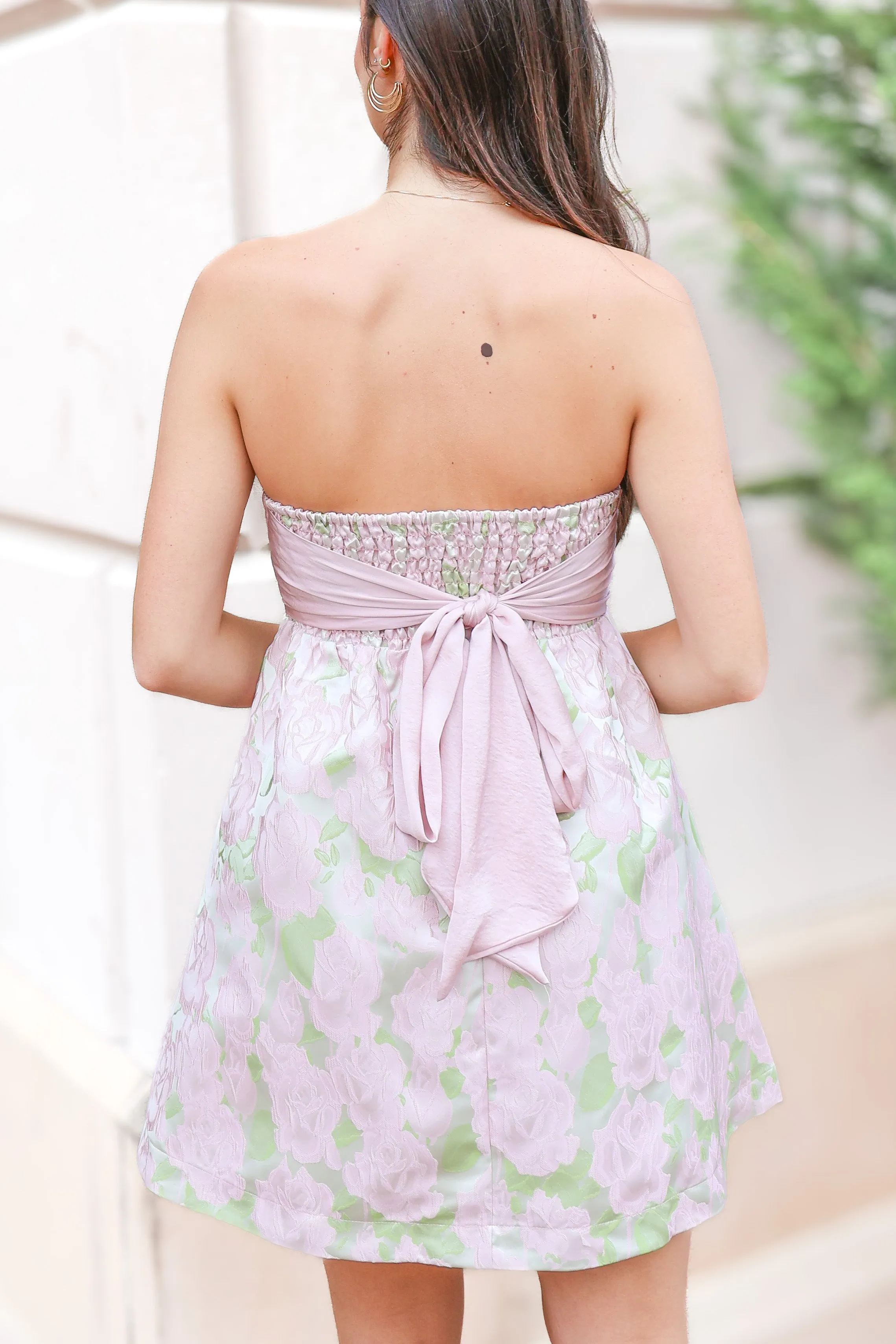 Demure Darling Strapless Floral Mini Dress