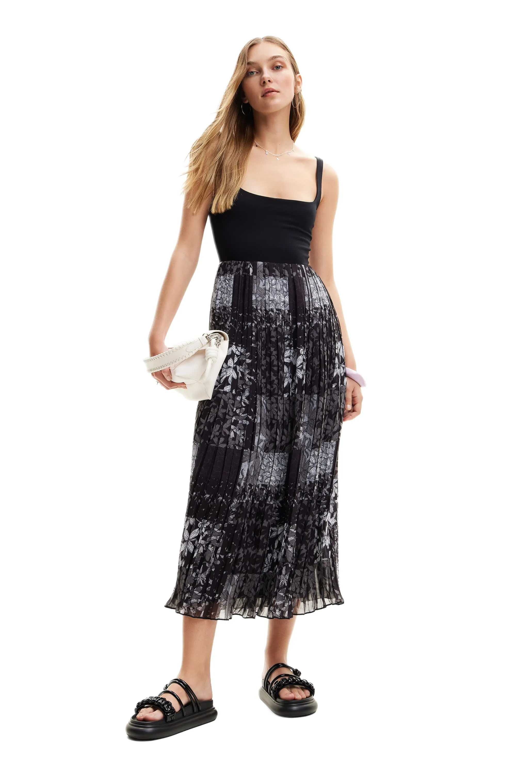 Desigual Cassidi Jersey Dress Vest Top with Mesh Midi Skirt 24SWVW14