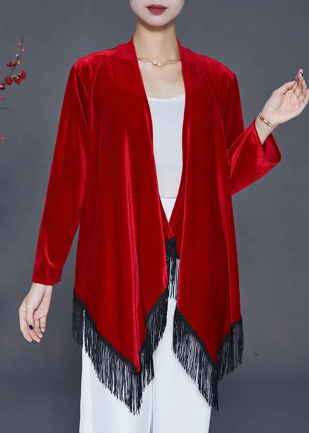 DIY Mulberry Tasseled Patchwork Silk Velour Cardigan Fall ML0423