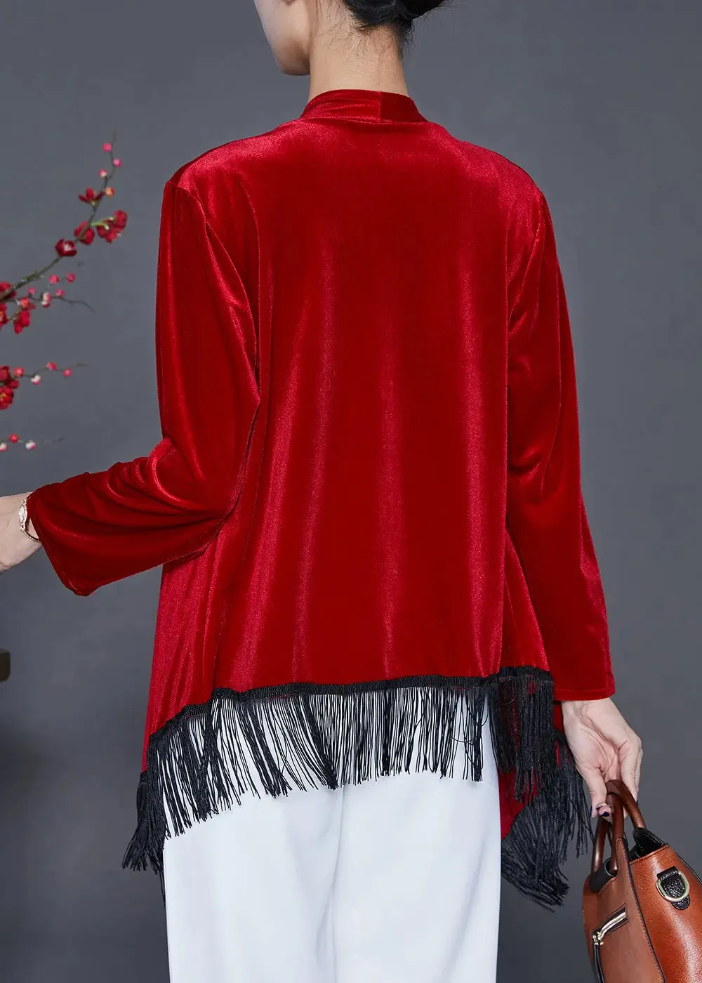 DIY Mulberry Tasseled Patchwork Silk Velour Cardigan Fall ML0423