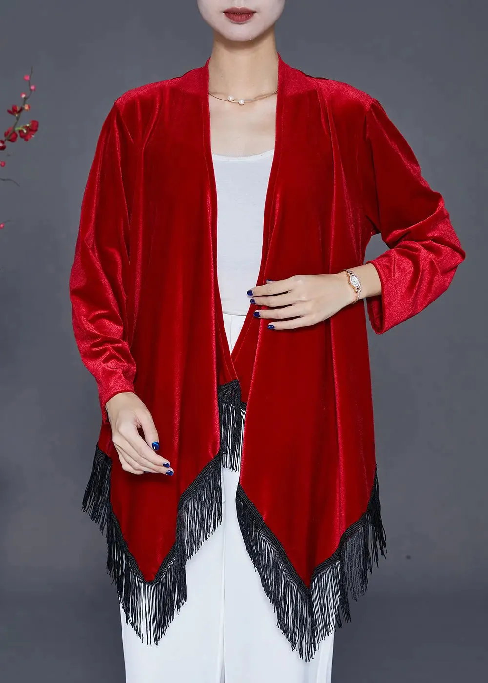 DIY Mulberry Tasseled Patchwork Silk Velour Cardigan Fall ML0423