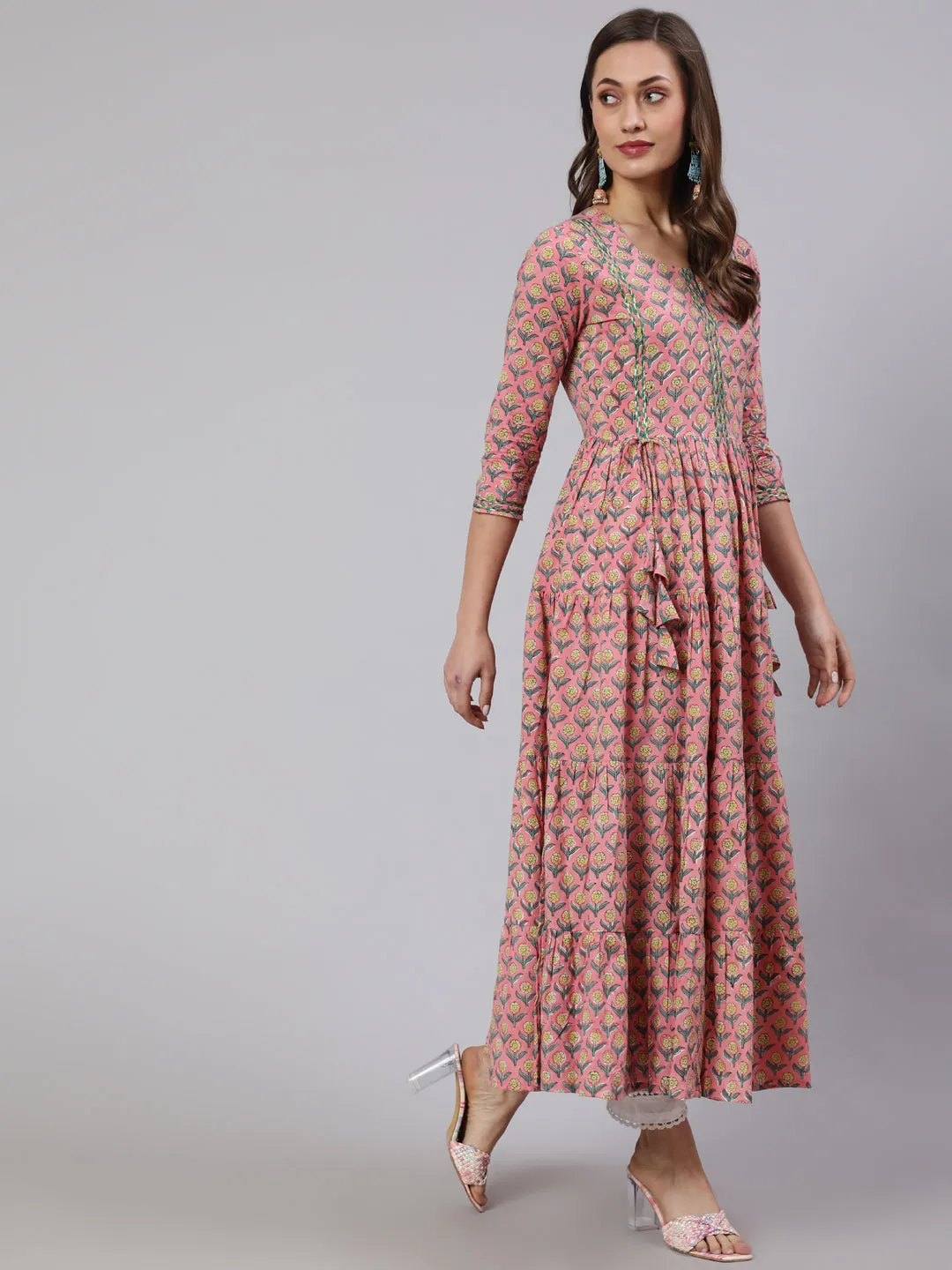 DRESS- PINK, COTTON PRINTED FLARED ANKLE LENGTH