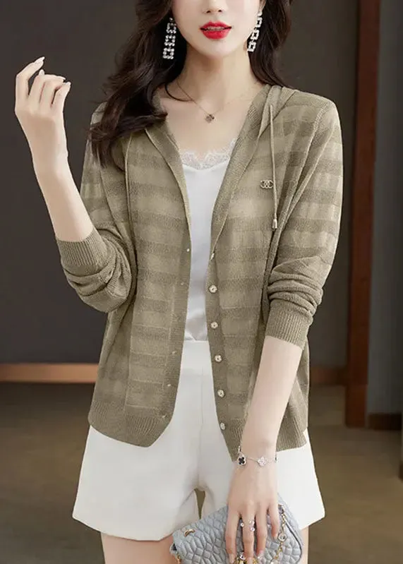 Elegant Blue Striped Patchwork Drawstring Hooded Ice Size Knit Cardigan Long Sleeve LY8103