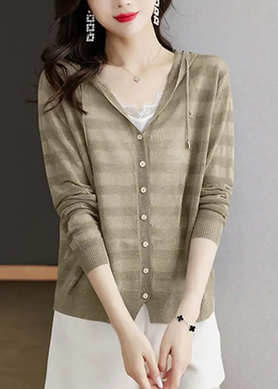 Elegant Blue Striped Patchwork Drawstring Hooded Ice Size Knit Cardigan Long Sleeve LY8103