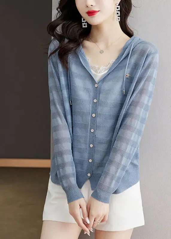 Elegant Blue Striped Patchwork Drawstring Hooded Ice Size Knit Cardigan Long Sleeve LY8103