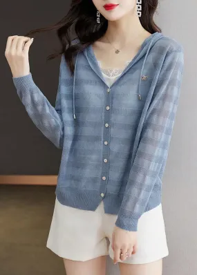 Elegant Blue Striped Patchwork Drawstring Hooded Ice Size Knit Cardigan Long Sleeve LY8103