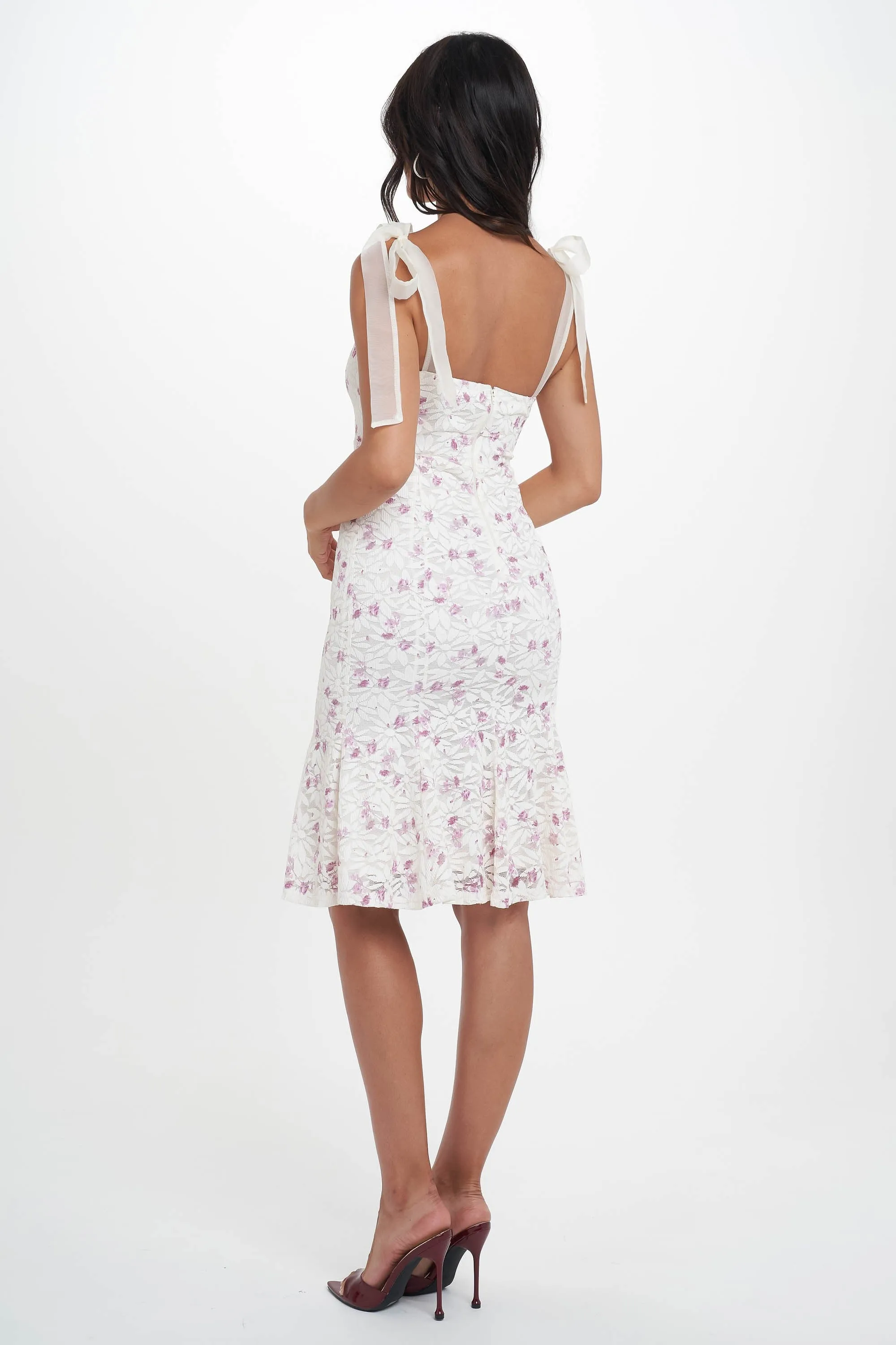 Enaya Organza Bow Strap Floral Lace Midi Dress