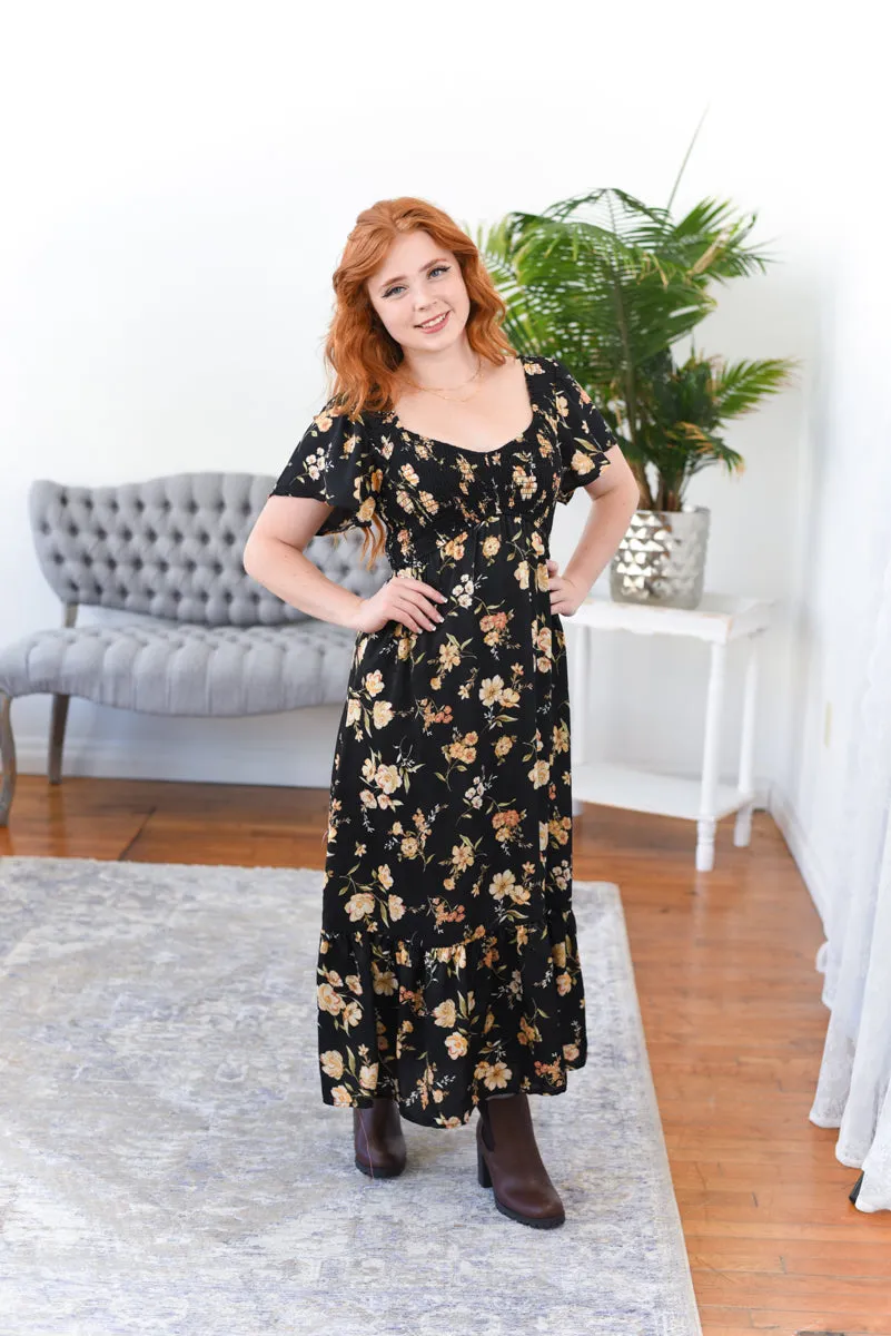 Evie Floral Flutter Sleeve Smocked Midi Dress