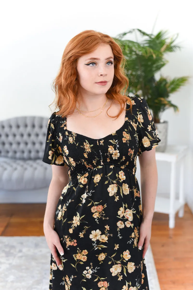 Evie Floral Flutter Sleeve Smocked Midi Dress