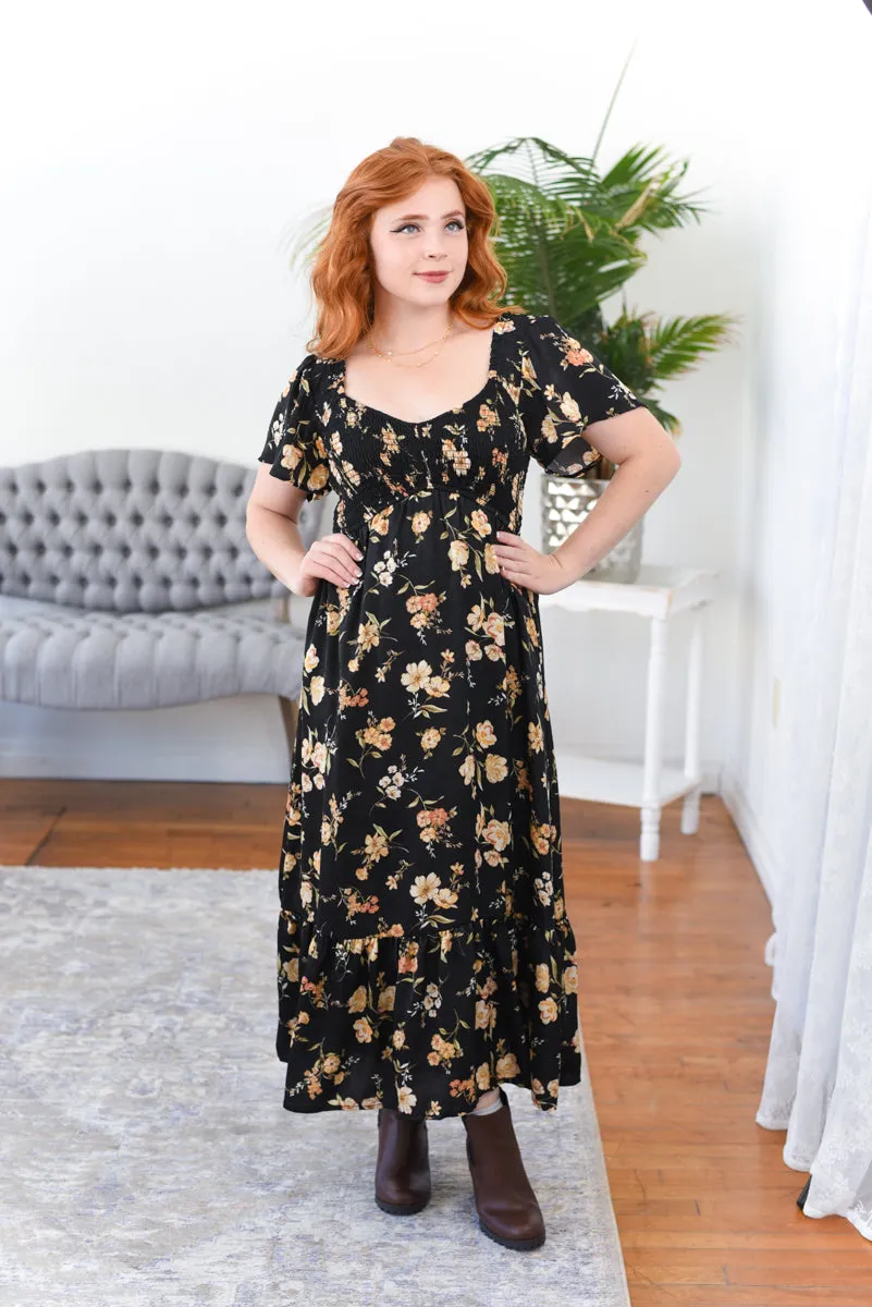 Evie Floral Flutter Sleeve Smocked Midi Dress