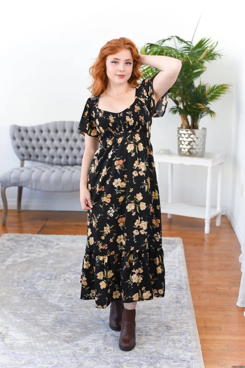 Evie Floral Flutter Sleeve Smocked Midi Dress