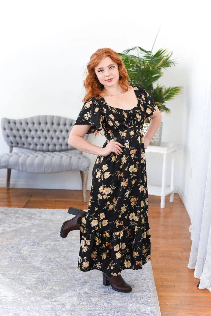 Evie Floral Flutter Sleeve Smocked Midi Dress
