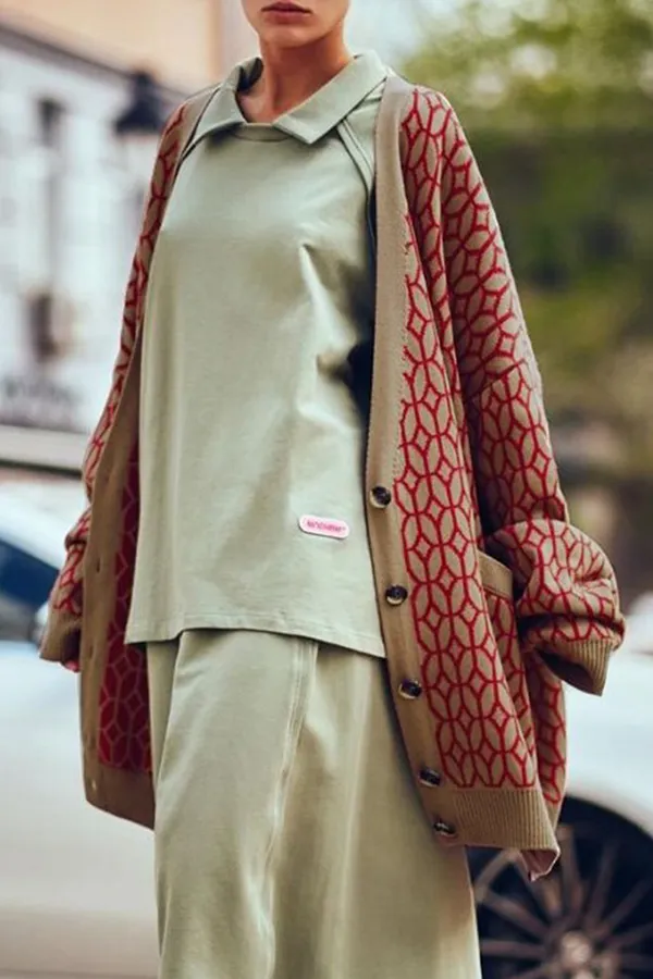 Fashion Casual & Stylish Geometric Patchwork Buckle V Neck Outerwear Mock Pocket Sweater