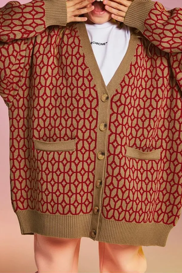 Fashion Casual & Stylish Geometric Patchwork Buckle V Neck Outerwear Mock Pocket Sweater