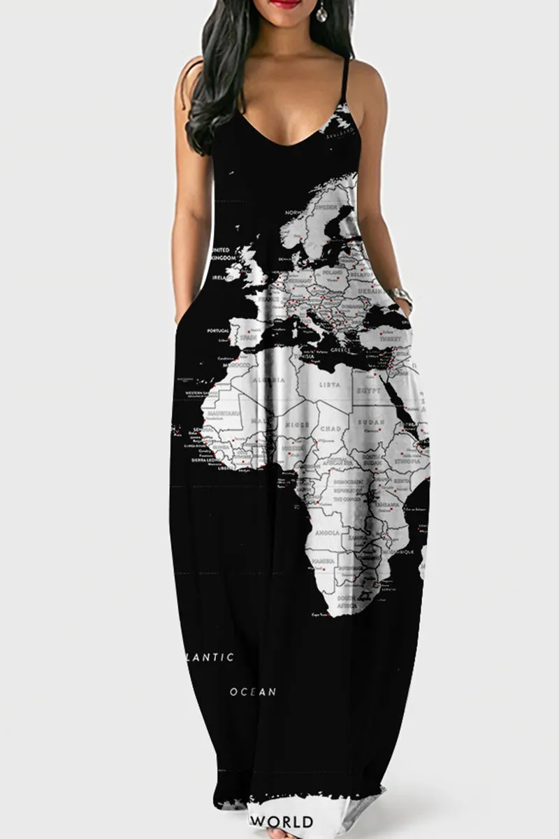 Fashion Sexy Print Backless Spaghetti Strap Long Dress