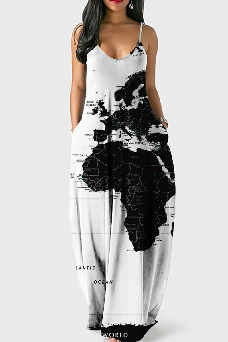 Fashion Sexy Print Backless Spaghetti Strap Long Dress